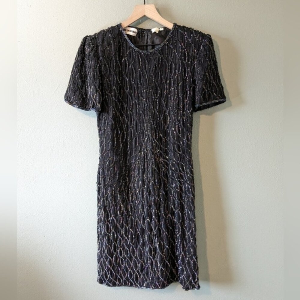 Vintage American Night Black Silk Midi With Beaded and Sequin Detail Size M